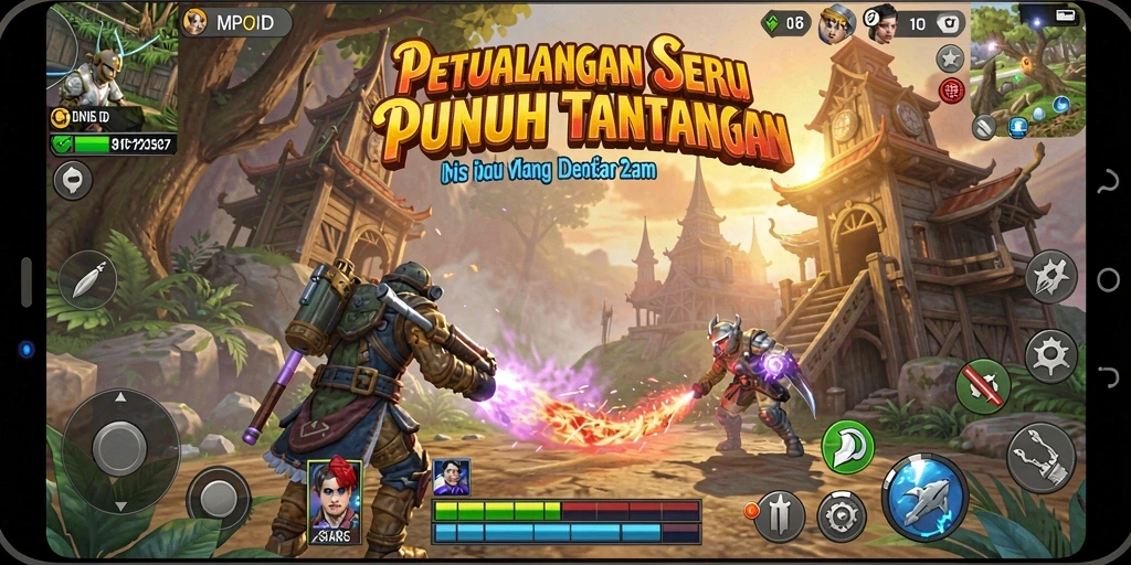 Screenshot MPOID menampilkan pemain menjelajahi hutan lebat dengan karakter yang siap bertarung.